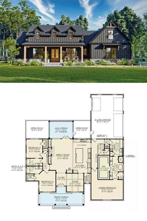 Modern Farmhouse Style 3-Bedroom Pinecrest Home House Plan with Front Porch and Bonus Expansion Modern American Farmhouse, House Plans With Front Porch, Creek Ideas, Modern Farmhouse Floorplan, Modern Farmhouse Living, Classic Farmhouse, Dormer Windows, Bonus Rooms, Contemporary Farmhouse