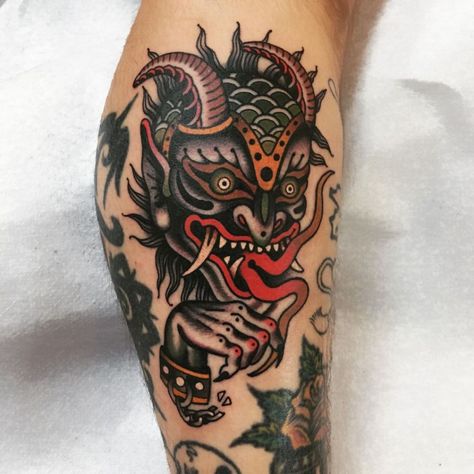 Traditional Tattoo Writing, Krampus Tattoo, Cute Bat Tattoo, Neo Traditional Tattoos, Satanic Tattoos, Devil Tattoo, Bat Tattoo, Demon Tattoo, Traditional Tattoo Sleeve