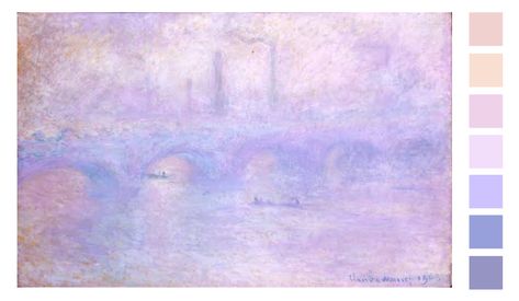 Claude Monet, Waterloo Bridge, effect of fog; 1903. Hermitage Museum©️Colour palette illustration Zena O’Connor, PhD. Claude Monet Colour Palette, Monet Colour Palette, Claude Monet Color Palette, Monet Color Palette, Monet Palette, Colour Palette Illustration, Monet Wedding, Palette Illustration, Student Lounge