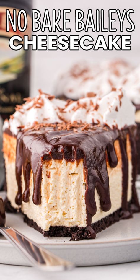 Celebrate any occasion with a gorgeous Baileys Cheesecake! Rich and velvety, this no-bake cheesecake is a dream to make and decadent to eat! #BreadBoozeBacon #baileys #irishcream #cheesecake #nobake #nobakecheesecake #chocolate #ganache #dessert #stpatricksday #thanksgiving #newyearseve Baileys Ice Cream Cake, Baileys Irish Cream Cheesecake, Baileys Ice Cream, Recipe Ideas For Dinner, Homemade Irish Cream, Bread Booze Bacon, Baileys Cheesecake, Holiday Bread, Ideas For Dinner