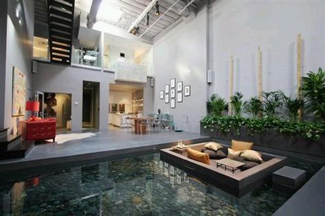 relaxation - the decor is not my style, but it's amazing...and I'd love to visit. Indoor Pond, Indoor Water Features, Indoor Pools, Sunken Living Room, Pond Design, Fish Pond, Loft Spaces, Durban, A Living Room