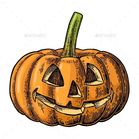 Halloween pumpkin with scary face. Vector color vintage engraving illustration. Isolated on white background Halloween Pumkin Ideas, Rotting Pumpkin, Pumpkin Inspo, Holiday Horror, Horror Illustration, Evil Face, Happy Halloween Pictures, Scary Halloween Pumpkins, Pumpkin Tattoo