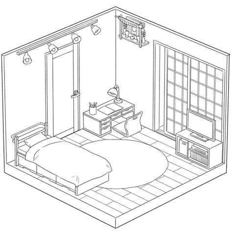 :> Isometric Sketch, Basic Room, House Outline, Interior Design Sketchbook, Axonometric Drawing, Bedroom Drawing, Isometric Drawing, House Colouring Pages, Japanese Room