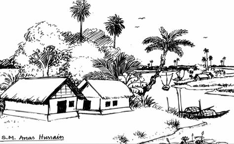 Bangladesh Drawing, Tag Drawing, Drawing Medium, Sketch Landscape, Village Drawing, Painting Sketch, Scenery Paintings, Drawing Guide, Dhaka Bangladesh