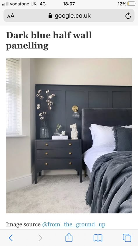 Blue Bedroom Panelling, Navy Panelling Bedroom, Grey Panelling Bedroom, Blue Feature Wall Bedroom, Night Bedroom, Dark Blue Bedrooms, Panel Ideas, Feature Wall Bedroom, Warm Bedroom