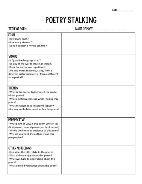 Poetry Stalking Middle School Poetry Activities, How To Do Poetry, Middle School Poetry, Poetry Analysis Worksheet, Poetry Activity, Poetry Middle School, Poetry Workshop, Poetry Worksheets, Poem Writing