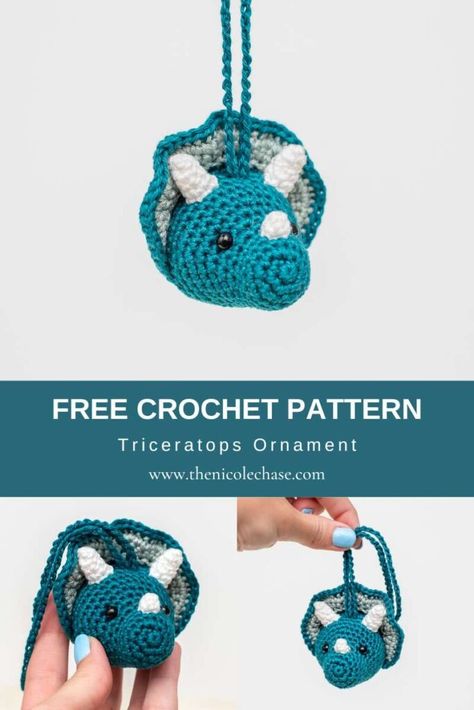 Crochet Dinosaur Ornament / Dinosaur Keychain Crochet Pattern Small Dinosaur Crochet Pattern Free, Crochet Car Ornament, Nicole Chase, Keychain Crochet Pattern, Dinosaur Keychain, Crochet Project Free, Crochet Dinosaur Patterns, Dinosaur Ornament, Crochet Flats