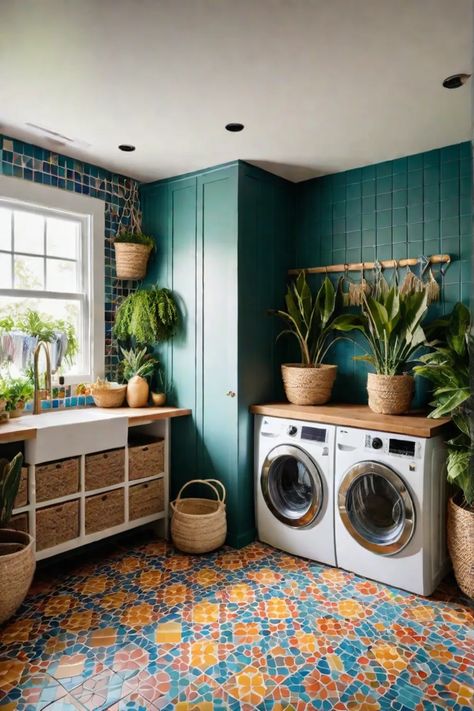 Bohemian laundry room with colorful tiles and macrame Bohemian Laundry Room, Room Decor Themes, Retro Laundry Room, Laundry Room Paint, Colorful Tiles, Mudroom Flooring, Stylish Laundry Room, Dream Laundry Room, Metal Shelving Units