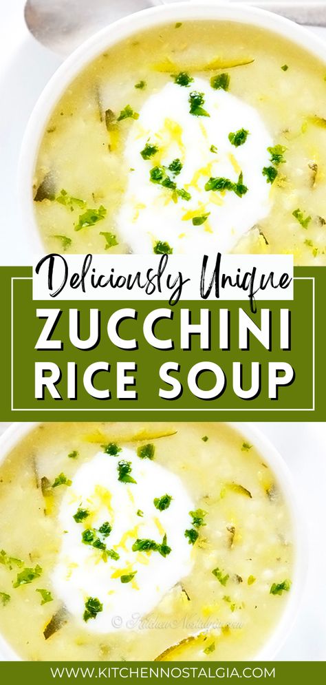 This mouthwatering Zucchini Rice Soup recipe is a must-try for soup lovers! Rich in flavor and texture, this unique recipe combines grated zucchini and rice cooked in chicken broth (or vegetable broth for our vegan friends). This soup is seasoned with a delightful blend of salt, black pepper, lemon zest, lemon juice, and rosemary, giving it a refreshing twist. Zucchini Rice Soup, Chicken Zucchini Soup Recipes, Zucchini And Rice, Nostalgia Recipes, Zucchini Rice, Zucchini Soup Recipes, Asian Steak Bites, Kitchen Nostalgia, Creamy Pasta Bake