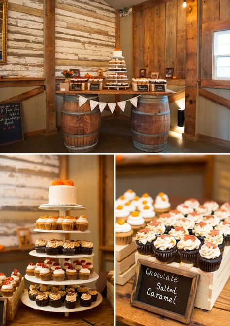 DIY fall barn wedding/Cake & cupcake display Rustic Cupcake Display, Fall Wedding Desserts, Fall Wedding Cupcakes, Barn Wedding Cakes, Wedding Cupcake Display, Rustic Cupcakes, Cupcake Table, Fall Barn Wedding, How To Dress For A Wedding