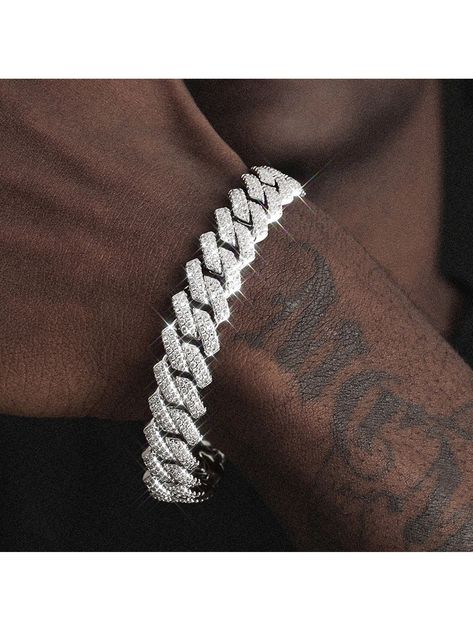 Silver  Collar  Glass Rhinestone   Embellished   Men's Fashion Jewelry Hip Hop Street Style, Mens Chain Bracelet, Trending Bracelets, Cuban Link Chain Necklaces, Style Hip Hop, Buckle Bracelet, Chain Bracelets, Trendy Necklaces, Diamond Chain