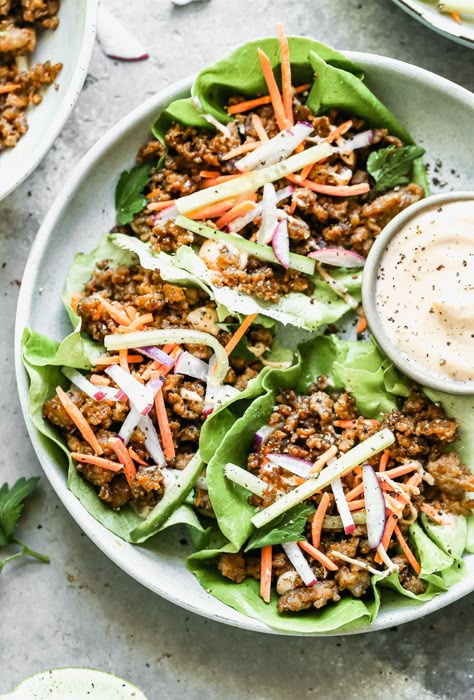 Vietnamese Lettuce Wraps, Vietnamese Dishes, Banh Mi Sandwich, Lettuce Wrap Recipes, For Keeps, Spicy Mayo, Pickled Veggies, Banh Mi, Spicy Sauce