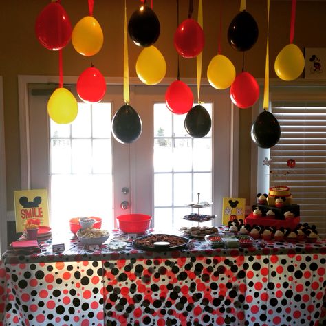 Mickey Mouse themed first birthday party Mickey Birthday Table, 1st Bday Mickey Mouse Theme, Mickey Mouse Food Table, Mickey Party Food Ideas, Mickey Mouse Birthday Theme Decorations, Simple Mickey Mouse Party, Mickey Mouse Birthday Ideas 2nd, Mickey Mouse 1st Bday, Mickey Mouse Themed Party