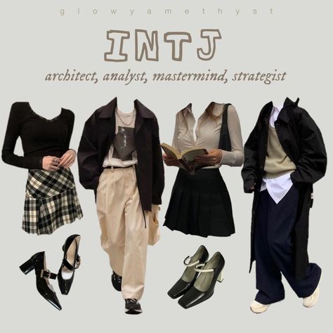 intj mbti type outfit inspo aesthetic Intj Personality Lookbook, Intj Women Outfit, Intj Personality Outfits, Intj Outfits Girl, Dark Academia Basic Wardrobe, Intj Outfit Women, Infj Aesthetics Outfit, Intj Women Fashion, Entj Style