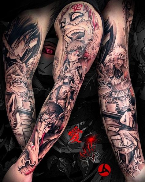 Anime Arm Tattoo Sleeve, Naruto Arm Tattoo, Anime Half Sleeve Tattoo, Naruto Sleeve Tattoo, One Piece Sleeve Tattoo, Anime Sleeves, Naruto Sleeve, Anime Tattoos For Men, Gaara Tattoo