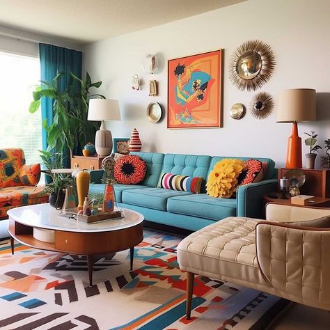 How to Create the Perfect Mid Century Modern Living Room • 333+ Images • [ArtFacade] Teal Sofa Mid Century Living Room, Midcentury Maximalist Living Room, Living Room Decor Cozy Colorful, Retro Living Room Art, Teal Mid Century Modern Living Room, Colourful Living Room Designs, Decorating With Color Living Room, Retro Sofa Living Room, Mid Century Maximalist Decor