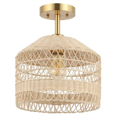 Willa Arlo Interiors Ipswich Rattan Semi Flush Mount | Wayfair Nursery Light Fixture, Boho Lighting, Nursery Lighting, Bamboo Light, Bulbs Indoor, Coastal Bathrooms, Overhead Lighting, Natural Gold, Craft Room Organization