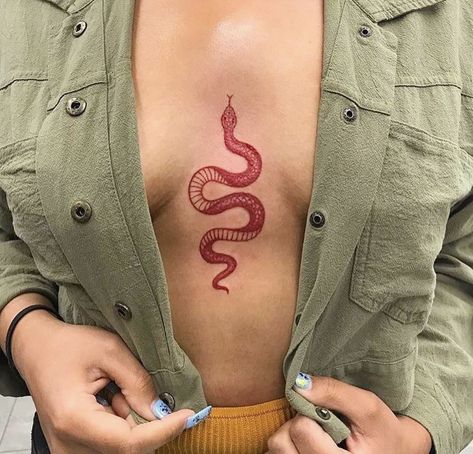 Snake Tattoo Chest Women, Red Snake Tattoos For Women, Snake Red Tattoo, Red Sternum Tattoo, Snake Sternum Tattoo, Red Snake Tattoo, A Snake Tattoo, Infected Tattoo, Tattoos Inspo