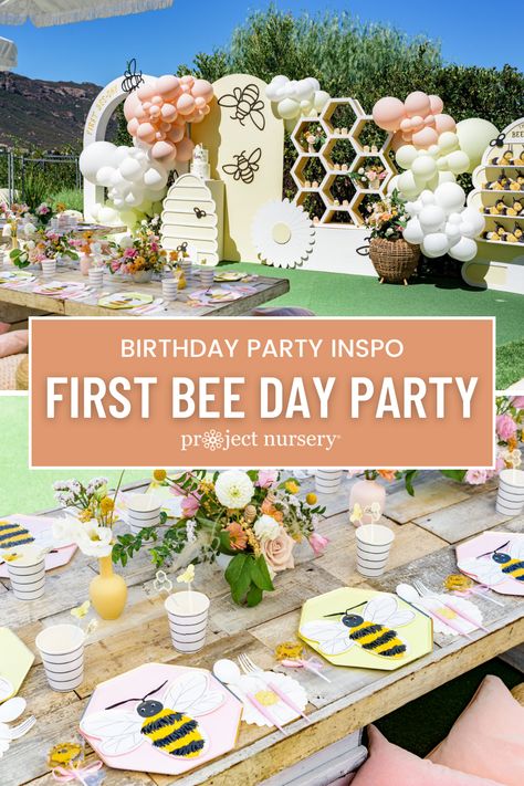 First birthday party ideas: First Bee Day! What a cute bumble bee themed party. Bee Birthday Party Table Decor, Bubble Bee Birthday Party, First Bee Day Centerpieces, First Bee Day Table Decor, Bee Two Birthday, One Bee Birthday, Bees Party Ideas, 2nd Bee Day Party, 1st Birthday Activity Ideas