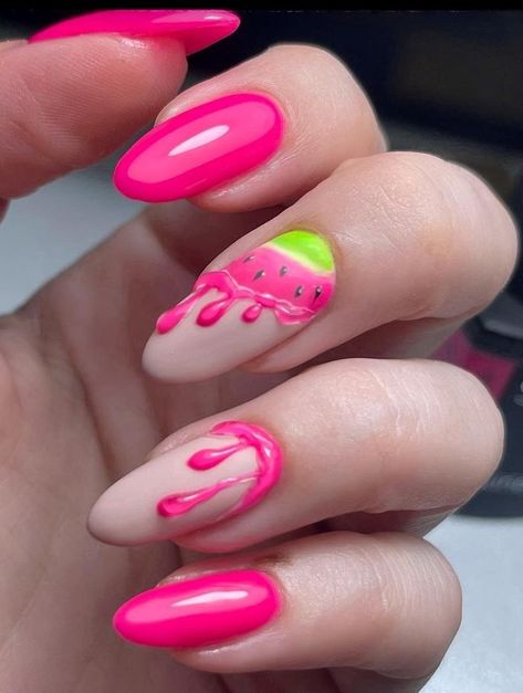 Favorite of this summer 💗 #pinknails #pinterestnails #pinterestfashion #colourtrend #summernails2022 #summernailideas Watermelon Nail Art, Nail Art Diy Easy, Nails Art Ideas, Watermelon Nails, Nail Art Designs Videos, Vacation Nails, Pink Nail, Chic Nails, Short Acrylic Nails