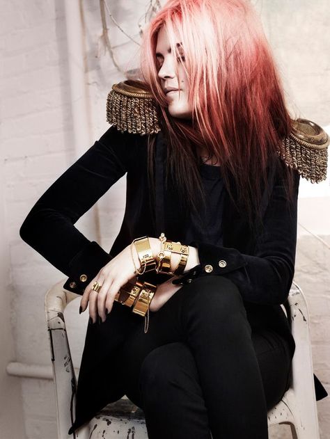 The Kills' Alison Mosshart for Eddie Borgo jewelry... The Kills, Alison Mosshart, Pink Hair, Long Hair, A Woman, Hair, Pink, Gold, White