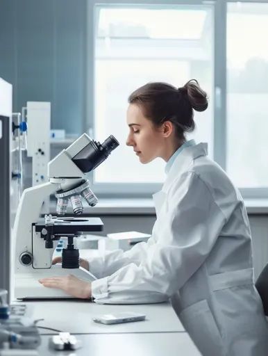 ↑↑↑ Larger size on website 🔸 A woman in a white lab coat is looking through a microscope in a laboratory. Her hair is pulled back 🔸 From Midjourney AI Image Looking Through Microscope, Serious Expression, White Lab Coat, Microscopic Images, White Lab, Random Pictures, Image Generator, Her Hair, Lab Coat