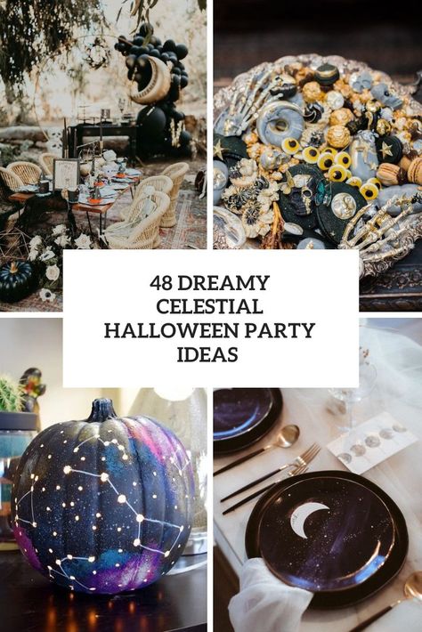 48 Dreamy Celestial Halloween Party Ideas - DigsDigs Witchy Party Ideas, Celestial Halloween Decor, Celestial Halloween, Witches Night Out Party Ideas, Celestial Party, Celestial Birthday Party, Witch Party Decorations, Classy Halloween Party, Constellation Decor