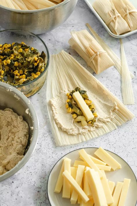 Cheese Tamales Recipe, Cheese Tamales, Poblano Corn, Vegetarian Tamales, Masa For Tamales, Corn And Cheese, Corn Tamales, Tamales Recipe, Vegetable Shortening