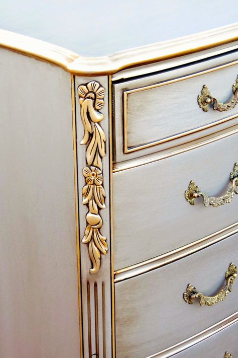 ~ Silver And Gold Furniture, Pretty Dresser, Gold Painted Furniture, Metallic Painted Furniture, Silver Dresser, Gold Dresser, Gold Furniture, Furniture Wax, Furniture Rehab