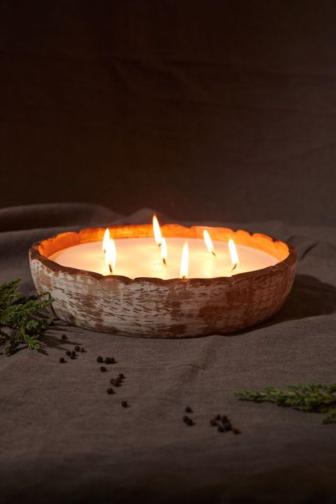 A Winter's Night Candle, available in two sizes, offers a luxurious winter ambiance to your home. The elegant wooden bowl and multi-wick base provide a warm, inviting glow, and the scents of peppercorn, leather and fir create an exclusive atmosphere perfect for any festive evening. Reuse the carved bowl for trinkets and keepsakes once the candle has burned away. Choose Size: Small - 7.75" in diameterLarge - 10.5" in diameter Make Scented Candles Diy, Candles For Winter, Winter Candle Aesthetic, Winter Ambiance, Warm Christmas Decor, Warm Candle, Night Candle, Bowl Candles, Candle Bowls