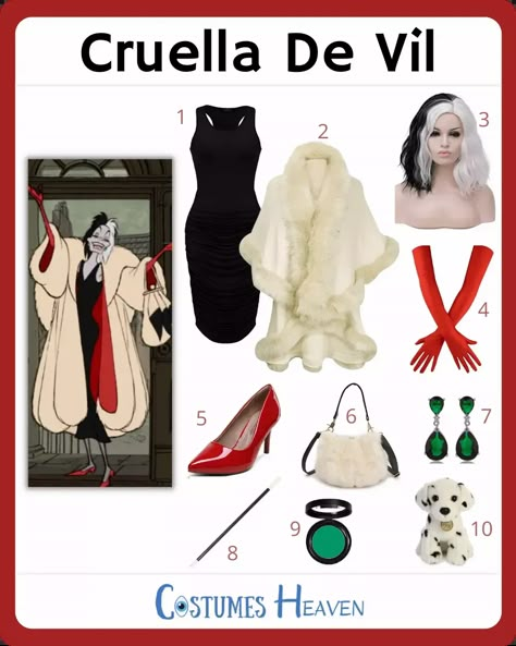 DIY Cruella De Vil Costume Ideas [2023] For Cosplay & Halloween Cruella Costume Diy, Cruela De Vil Costume Ideas, Cruella De Vil Costume Ideas, Cruella Deville Movie, Villans Costumes, Cruella Deville Cosplay, Diy Cruella Deville Costume, Disney Villains Costumes, Costume Ideas 2023