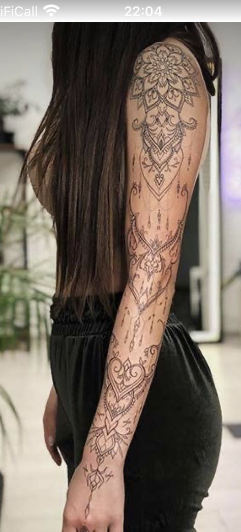 Mandala Tattoo Sleeve Women, Lace Sleeve Tattoos, Mandala Arm Tattoos, Mandala Tattoo Sleeve, Lace Tattoo Design, Arm Sleeve Tattoos For Women, Feminine Tattoo Sleeves, Boho Tattoos, Full Arm Tattoos