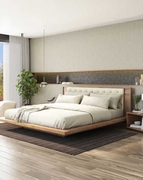 28 Floating Bed Ideas to Transform Your Bedroom with Modern Elegance and Cozy Comfort - placeideal.com Modern Platform Bed King, Bed Frame Luxury, Beds With Wooden Headboards, Flying Bed Bedrooms, Low Wooden Bed Frame Modern, Modern Cot Designs Bedrooms Beds, Headboard With Built In Nightstand, New Bed Designs 2024 Luxury, Wooden Bed Headboard Design Modern