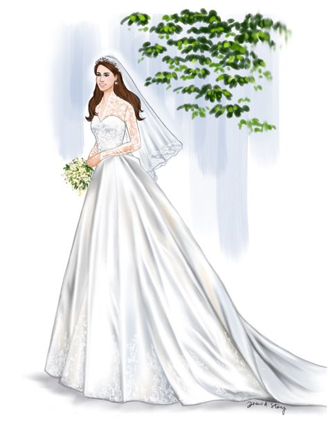 Kate Middleton in Alexander McQueen | Illustrated by Draw A Story Kate Und William, Wedding Dress Illustrations, Royal Wedding Gowns, Kate Middleton Wedding, Prins William, Wedding Dress Sketches, Princess Meghan, Prins Harry, Prince Harry And Megan