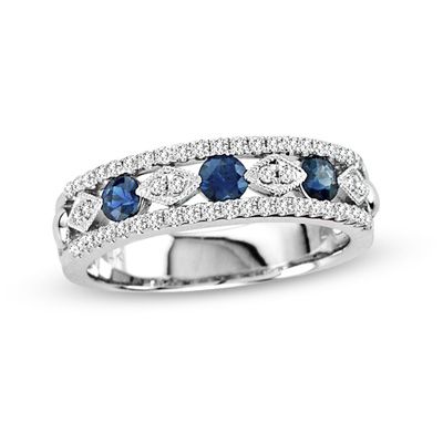 Blue Sapphire and 1/3 CT. T.W. Diamond Anniversary Band in 14K White Gold Emerald Anniversary, Sapphire And Diamond Band, Gold Anniversary Rings, Diamond Anniversary Bands, Stackable Wedding Bands, Local Jewelry, Diamond Anniversary, Wedding Rings Vintage, Bling Rings