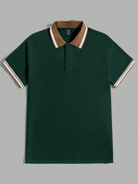 Dark Green Casual Collar Short Sleeve Knitted Fabric Striped  Embellished Medium Stretch  Men Clothing 2000s Outfits Ideas, Polo Aesthetic, Contrast Collar Shirt, Green Polo Shirt, Polo Shirt Outfits, Collared Shirts, Polo Shirt Colors, Polo Men, Green Polo Shirts