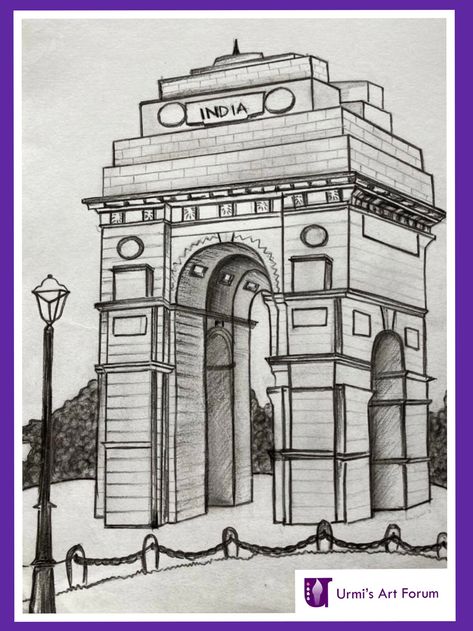 Monuments Drawing Easy, India Gate Drawing Sketch, India Gate Drawing Easy, Monuments Sketches, India Gate Drawing, Monument Sketch, Monuments Drawing, Drawing Competition Topics, Shade Drawing