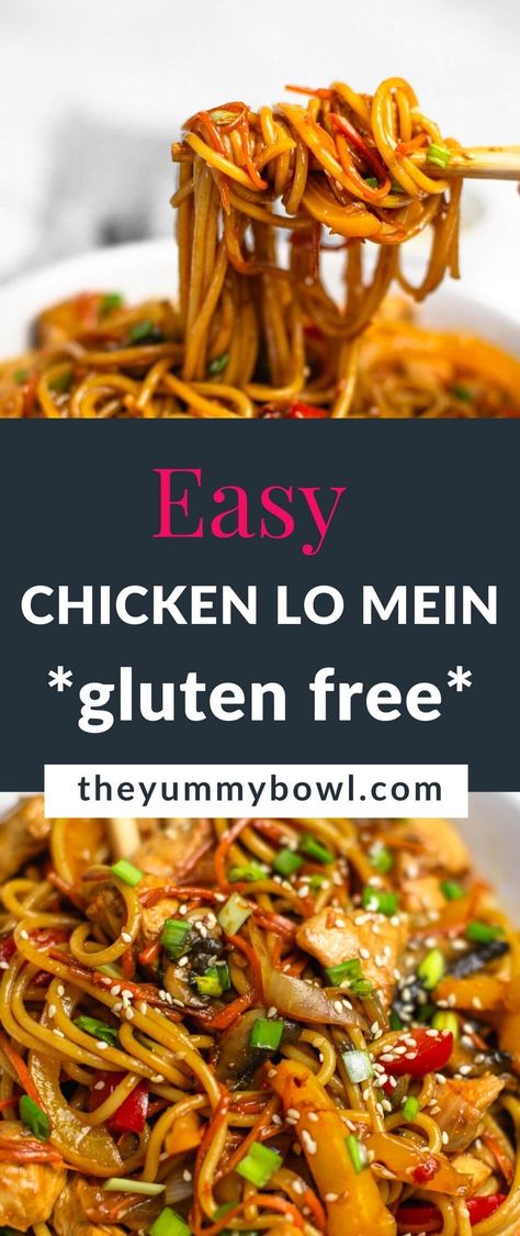 Easy Chicken Lo Mein recipe made with thick noodles, marinated chicken and tossed in a rich and flavorful dark sauce with a generous amount of ginger and garlic. Ready in less than 30 minutes and is way better than take out! Chicken Lo Mein Gluten Free, Gluten Free Chicken Lo Mein Recipe, Gluten Free Chicken Chow Mein, Weeknight Gluten Free Dinner Recipes, Best Gf Recipes, Gf Lo Mein, Keto Chicken Lo Mein, Gluten Free Chow Mein Recipes, Gluten Free Chinese Noodles