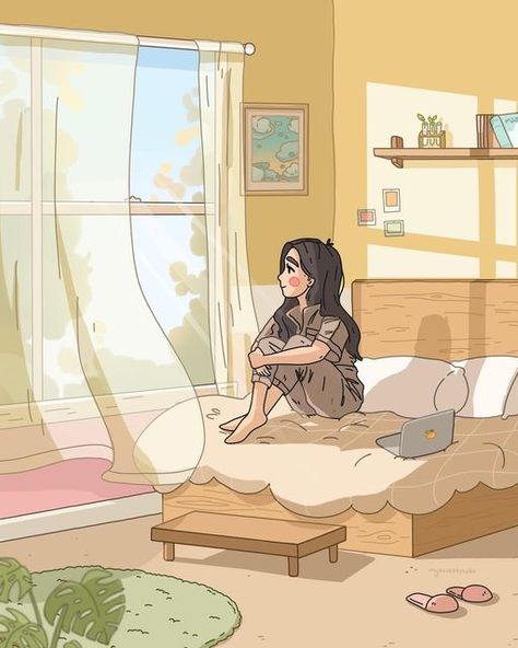 Ashleigh on Instagram: "cozy mornings 🍃☁️ inspired by my sister @maisyleigh :) i was inspired to draw something that feels warm, wholesome, and cozy indoors. drawing indoor settings is new territory for me, and something i always wanted to try. so this year for maisy’s birthday (around 3 months ago) I decided to draw something special for her. And here it is! 🤍 this art piece is inspired by her cozy vibes and her notion of simple living. Maisy at her natural state in her bedroom - content and Iphone Wallpaper Cat, Sweet Drawings, Bedroom Drawing, Iphone Wallpaper Kawaii, Desktop Wallpaper Art, Cozy Mornings, Kawaii Illustration, Illustration Art Girl, Girly Art Illustrations