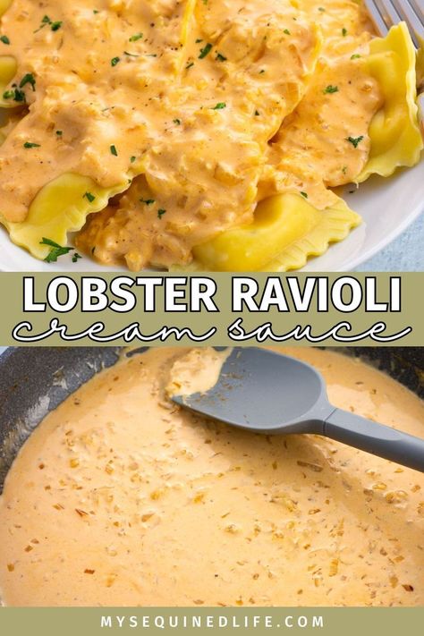 Lobster ravioli cream sauce in a pan and then served over ravioli. Ravioli Cream Sauce, Sauce For Lobster Ravioli, Sauce For Lobster, Ravioli Dinner Ideas, Ravioli Sauce Recipe, Lobster Ravioli Sauce, Ravioli Sauce, Lobster Sauce, Cream Sauce Pasta