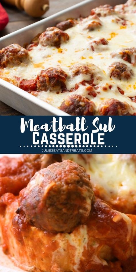 Do you love meatball subs? Now you can have your favorite meatball sub in this hearty casserole recipe! Meatball Sub Casserole is a dinner recipe that combines all your favorite flavors of the classic sub. A layer of toasted french bread topped with cream cheese layer, spaghetti sauce, meatballs and cheese. #casserole #recipe via @julieseats Meatballs And Cheese, Toasted French Bread, Low Carb Fast Food, Meatball Sub Casserole, Meatball Casserole, Meatball Sub, Tasty Meatballs, Meatball Subs, Diner Recept