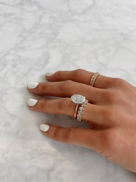 Layered Wedding Ring Set, Engagement Ring Oval With Wedding Band, Oval Stacking Engagement Rings, Stackable Oval Engagement Rings, Oval Engagement Ring With White Gold Band, Engagement Rings Stacking, Most Elegant Engagement Rings, Stacked Bands With Engagement Ring, Dainty Wedding Ring Stack