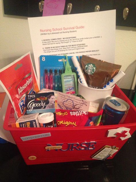 Nursing school survival kit I made for my roommate Nursing Survival Kit, Nursing School Survival Kit, Graduation Survival Kit, Nursing Gifts, Survival Kit Gifts, School Survival Kits, Nursing School Gifts, Nursing School Survival, Nursing School Graduation