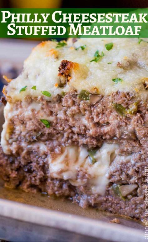 Cheesesteak Meatloaf, Cheese Meatloaf, Meatloaf Stuffed, Cheese Stuffed Meatloaf, Stuffed Meatloaf, Meatloaf Dinner, Cheesesteak Recipe, Dinner Then Dessert, Good Meatloaf Recipe