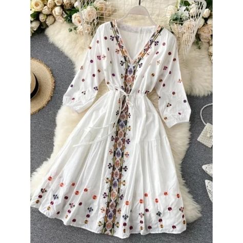 Just found this amazing item on AliExpress. Check it out! C$42.58  40％ Off | Jmprs Elegant High Waist Women Dress Designed Embroidery Summer White Sexy V Neck Boho Beach Dress A Line Puff Sleeve Long Dress Floral Embroidery Dress, Three Quarter Sleeve Dresses, Bohemian Dresses, Boho Mini Dress, Puff Sleeve Dresses, Puffed Sleeves Dress, Embroidery Dress, Lantern Sleeve, Mode Inspiration