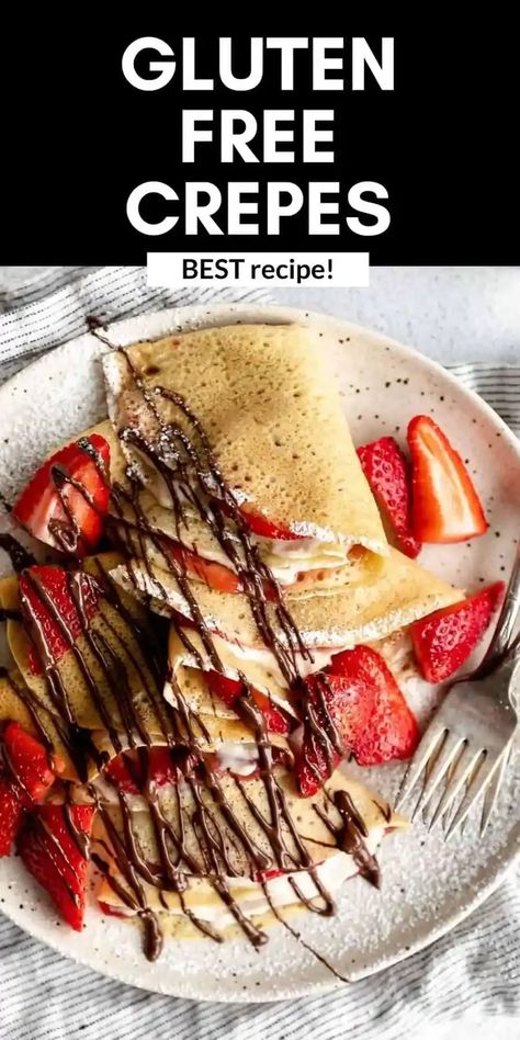 These gluten free crepes are soft, fluffy and so easy to make. They're perfect for a quick breakfast or dessert. Crepes are delicious with berries and cream, nutella and banana or make a savory crepe. You'll never know they're gluten free and dairy free. Gluten Free Crepes Recipe, Gluten Free Crepes, Crepes Recipe, Gluten Free Waffles, Gluten Free Tortillas, Gluten Free Biscuits, French Crepes, Gluten Free Pancakes, Crepe Recipes