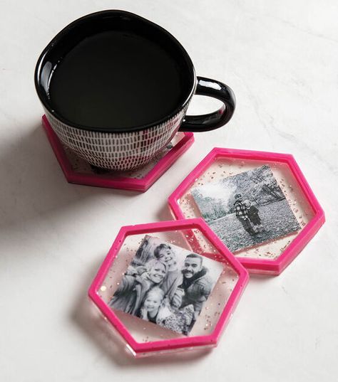 How To Make Resin Photo Coasters Online | JOANN Resin Photo Coasters, Coasters Diy, Resin Photo, How To Make Resin, Resin Crafts Tutorial, Photo Coasters, Viking Sewing, Family Diy, Resin Coasters