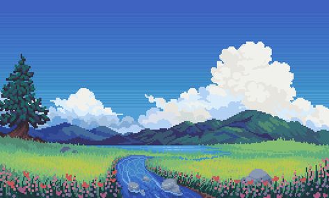 cr: @16pxl Pixel Kawaii, Pixel Art Landscape, Pixel Art Background, Arte 8 Bits, 8bit Art, Cool Pixel Art, Pixel Art Design, Aesthetic Desktop Wallpaper, Laptop Wallpaper