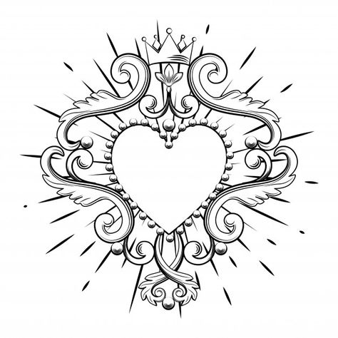 Heart With Crown, Sacred Heart Art, Ornamental Vector, Sacred Heart Tattoos, Nouveau Tattoo, Crown Drawing, Baroque Frames, Geometric Symbols, Heart Crown