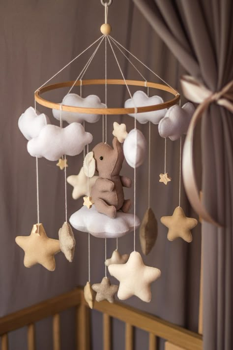 Baby Crib Mobile Nursery Decor Elephant on Cloud With Stars | Etsy Baby Crib Decoration Ideas, Elephant Baby Room Ideas, How To Make A Baby Mobile, Diy Elephant Decor, Crib Decoration Ideas, Wooden Crib Nursery, Baby Things Aesthetic, Boho Mobile Nursery, Nursery Mobile Diy